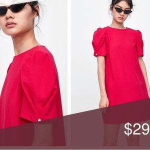 ZARA FUCHSIA/HOT PINK DRESS SIZE XS. PEARL DETAIL ON SLEEVE WORN ONCE.DRY CLEAN